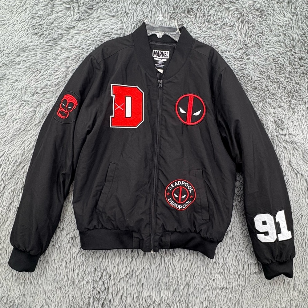 Deadpool Marvel Jacket Mens Large Varsity Bomber Zipper Patches Black Comic Book